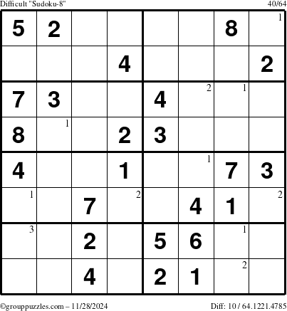 The grouppuzzles.com Difficult Sudoku-8 puzzle for Thursday November 28, 2024 with the first 3 steps marked