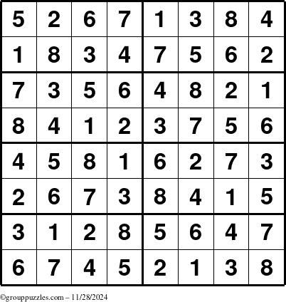 The grouppuzzles.com Answer grid for the Sudoku-8 puzzle for Thursday November 28, 2024