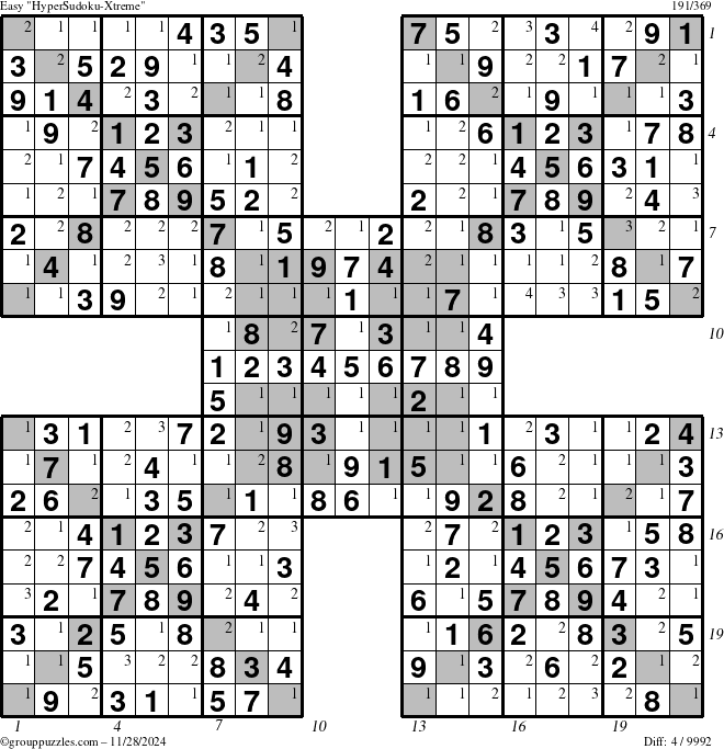 The grouppuzzles.com Easy cover-HyperXtreme puzzle for Thursday November 28, 2024 with all 4 steps marked