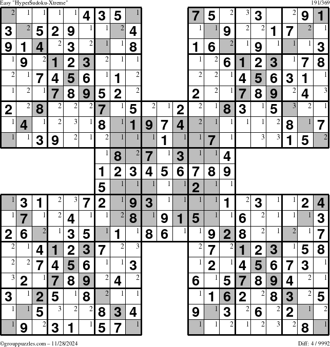 The grouppuzzles.com Easy cover-HyperXtreme puzzle for Thursday November 28, 2024 with the first 3 steps marked