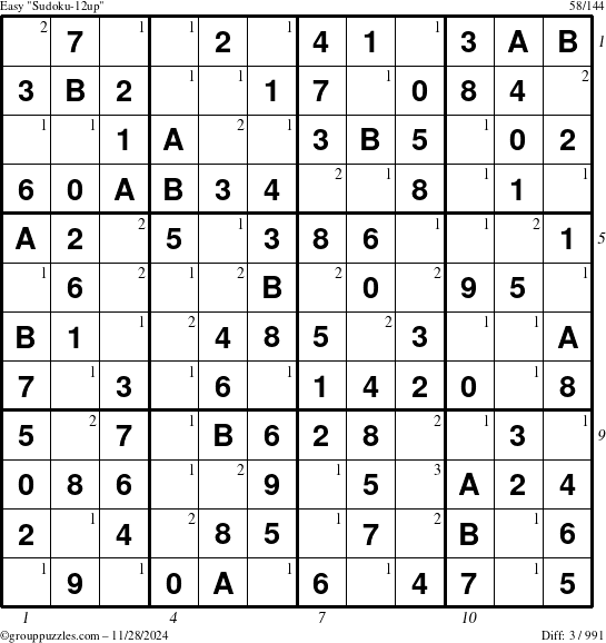 The grouppuzzles.com Easy Sudoku-12up puzzle for Thursday November 28, 2024, suitable for printing, with all 3 steps marked