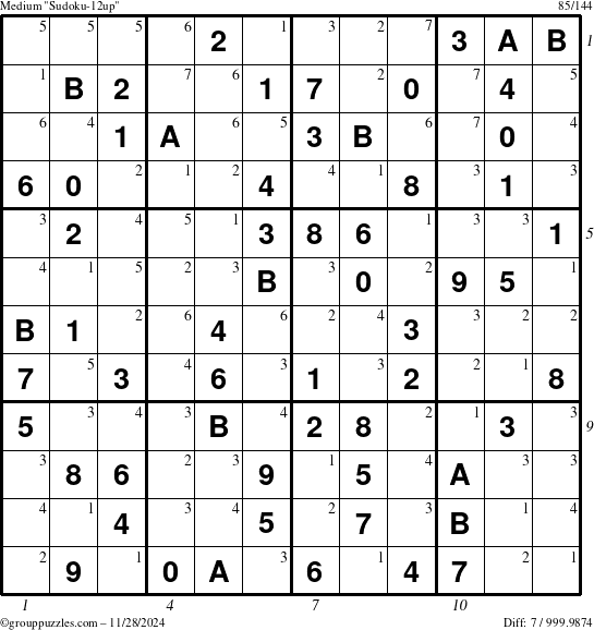 The grouppuzzles.com Medium Sudoku-12up puzzle for Thursday November 28, 2024, suitable for printing, with all 7 steps marked