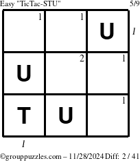 The grouppuzzles.com Easy TicTac-STU puzzle for Thursday November 28, 2024, suitable for printing, with all 2 steps marked