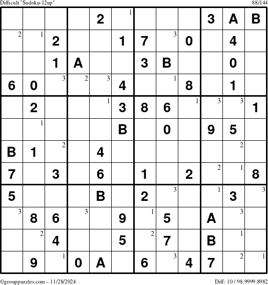 The grouppuzzles.com Difficult Sudoku-12up puzzle for Thursday November 28, 2024 with the first 3 steps marked