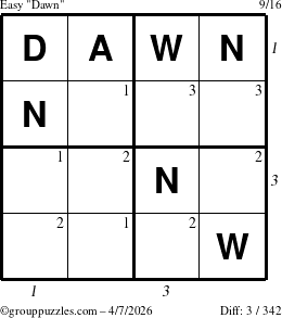 The grouppuzzles.com Easy Dawn puzzle for Tuesday April 7, 2026 with all 3 steps marked
