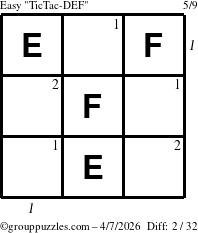 The grouppuzzles.com Easy TicTac-DEF puzzle for Tuesday April 7, 2026 with all 2 steps marked