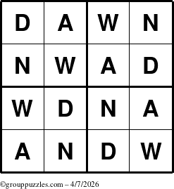 The grouppuzzles.com Answer grid for the Dawn puzzle for Tuesday April 7, 2026