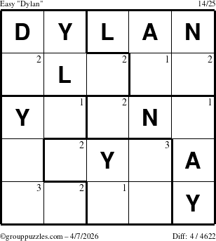 The grouppuzzles.com Easy Dylan puzzle for Tuesday April 7, 2026 with the first 3 steps marked