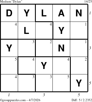 The grouppuzzles.com Medium Dylan puzzle for Tuesday April 7, 2026, suitable for printing, with all 5 steps marked