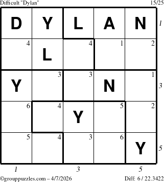 The grouppuzzles.com Difficult Dylan puzzle for Tuesday April 7, 2026 with all 6 steps marked