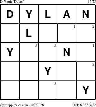The grouppuzzles.com Difficult Dylan puzzle for Tuesday April 7, 2026 with the first 3 steps marked