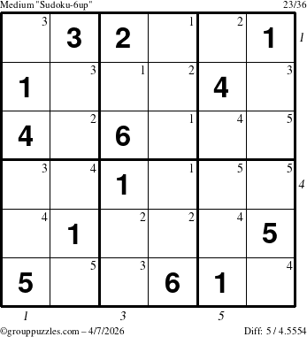 The grouppuzzles.com Medium Sudoku-6up puzzle for Tuesday April 7, 2026 with all 5 steps marked