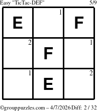 The grouppuzzles.com Easy TicTac-DEF puzzle for Tuesday April 7, 2026 with the first 2 steps marked