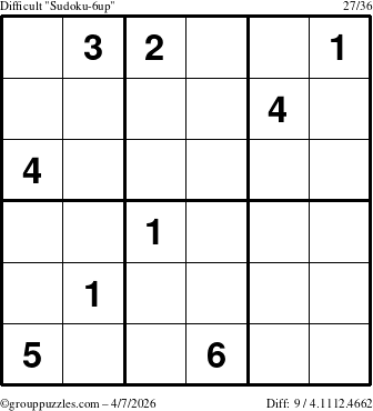 The grouppuzzles.com Difficult Sudoku-6up puzzle for Tuesday April 7, 2026