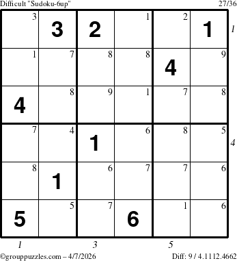 The grouppuzzles.com Difficult Sudoku-6up puzzle for Tuesday April 7, 2026, suitable for printing, with all 9 steps marked