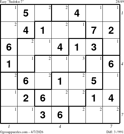 The grouppuzzles.com Easy Sudoku-7 puzzle for Tuesday April 7, 2026, suitable for printing, with all 3 steps marked