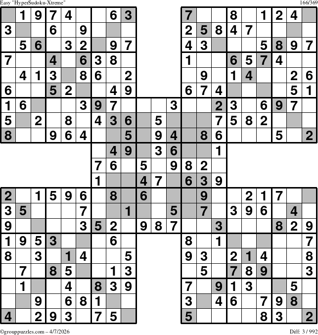 The grouppuzzles.com Easy HyperSudoku-Xtreme puzzle for Tuesday April 7, 2026
