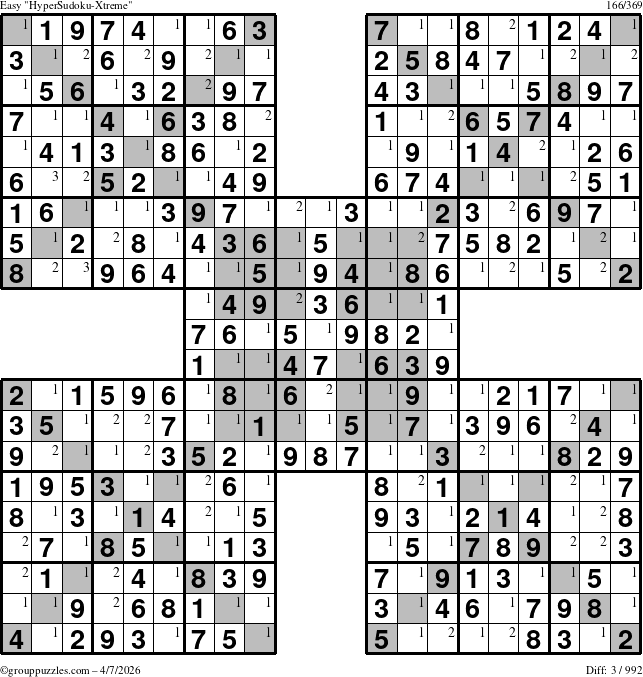 The grouppuzzles.com Easy HyperSudoku-Xtreme puzzle for Tuesday April 7, 2026 with the first 3 steps marked