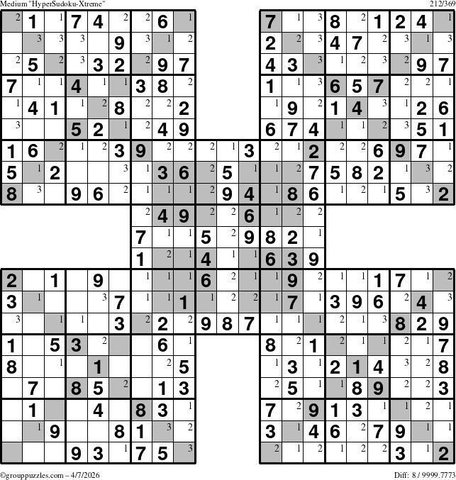 The grouppuzzles.com Medium HyperSudoku-Xtreme puzzle for Tuesday April 7, 2026 with the first 3 steps marked