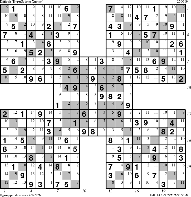 The grouppuzzles.com Difficult HyperSudoku-Xtreme puzzle for Tuesday April 7, 2026, suitable for printing, with all 14 steps marked
