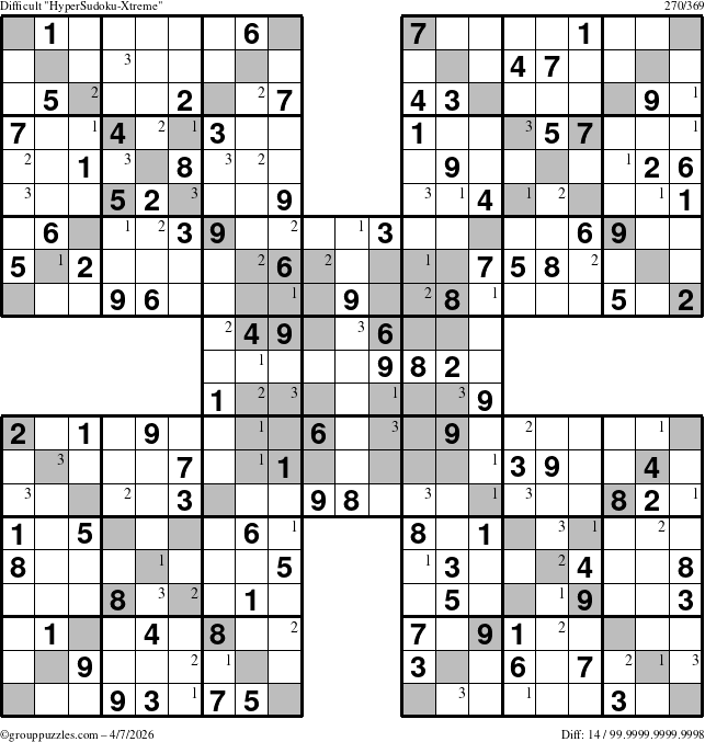 The grouppuzzles.com Difficult HyperSudoku-Xtreme puzzle for Tuesday April 7, 2026 with the first 3 steps marked