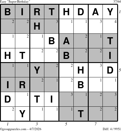 The grouppuzzles.com Easy Super-Birthday puzzle for Tuesday April 7, 2026 with all 4 steps marked