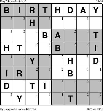 The grouppuzzles.com Easy Super-Birthday puzzle for Tuesday April 7, 2026 with the first 3 steps marked