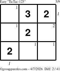 The grouppuzzles.com Easy TicTac-123 puzzle for Tuesday April 7, 2026, suitable for printing, with all 2 steps marked