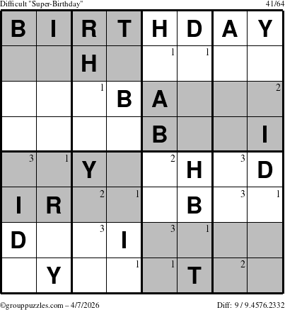 The grouppuzzles.com Difficult Super-Birthday puzzle for Tuesday April 7, 2026 with the first 3 steps marked