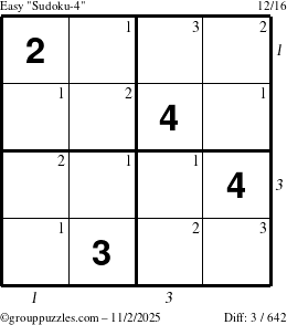 The grouppuzzles.com Easy Sudoku-4 puzzle for Sunday November 2, 2025, suitable for printing, with all 3 steps marked