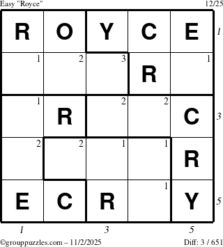 The grouppuzzles.com Easy Royce puzzle for Sunday November 2, 2025 with all 3 steps marked
