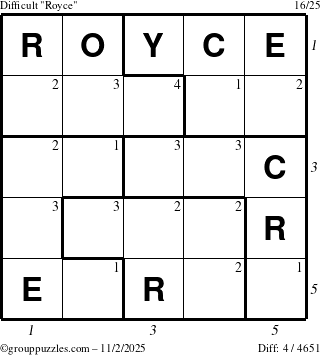 The grouppuzzles.com Difficult Royce puzzle for Sunday November 2, 2025 with all 4 steps marked