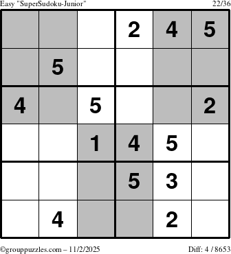 The grouppuzzles.com Easy SuperSudoku-Junior puzzle for Sunday November 2, 2025