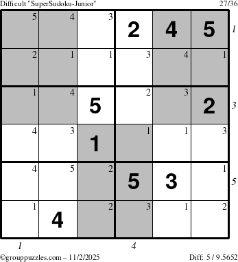 The grouppuzzles.com Difficult SuperSudoku-Junior puzzle for Sunday November 2, 2025, suitable for printing, with all 5 steps marked