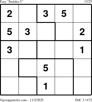 The grouppuzzles.com Easy Sudoku-5 puzzle for Sunday November 2, 2025