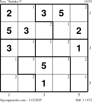 The grouppuzzles.com Easy Sudoku-5 puzzle for Sunday November 2, 2025, suitable for printing, with all 3 steps marked