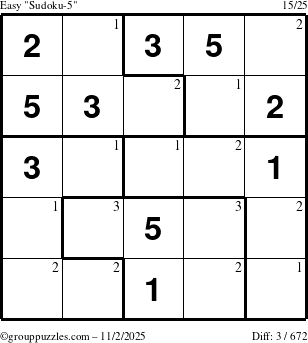The grouppuzzles.com Easy Sudoku-5 puzzle for Sunday November 2, 2025 with the first 3 steps marked
