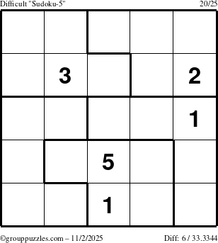The grouppuzzles.com Difficult Sudoku-5 puzzle for Sunday November 2, 2025