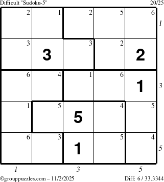 The grouppuzzles.com Difficult Sudoku-5 puzzle for Sunday November 2, 2025 with all 6 steps marked
