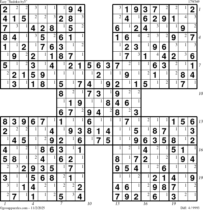 The grouppuzzles.com Easy Sudoku-by5 puzzle for Sunday November 2, 2025 with all 4 steps marked