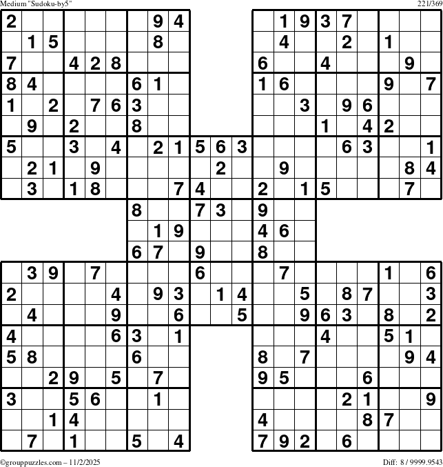 The grouppuzzles.com Medium Sudoku-by5 puzzle for Sunday November 2, 2025