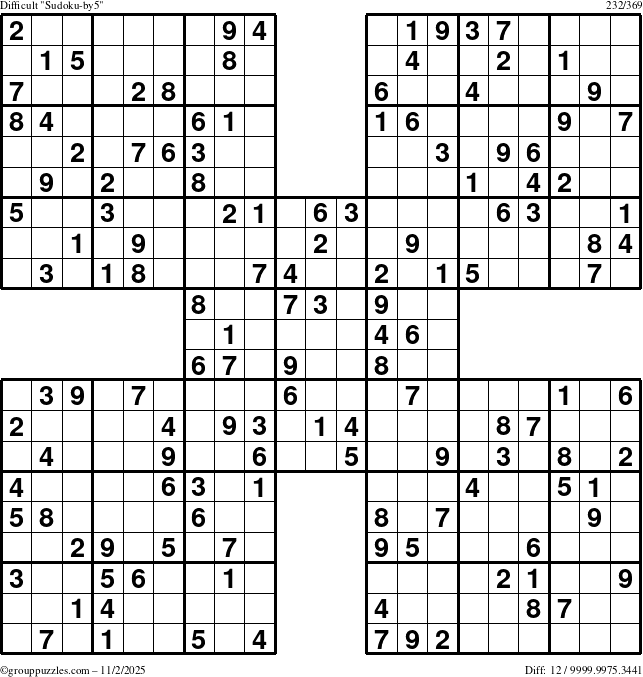 The grouppuzzles.com Difficult Sudoku-by5 puzzle for Sunday November 2, 2025