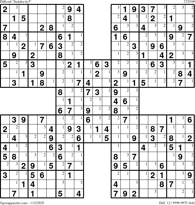 The grouppuzzles.com Difficult Sudoku-by5 puzzle for Sunday November 2, 2025 with the first 3 steps marked