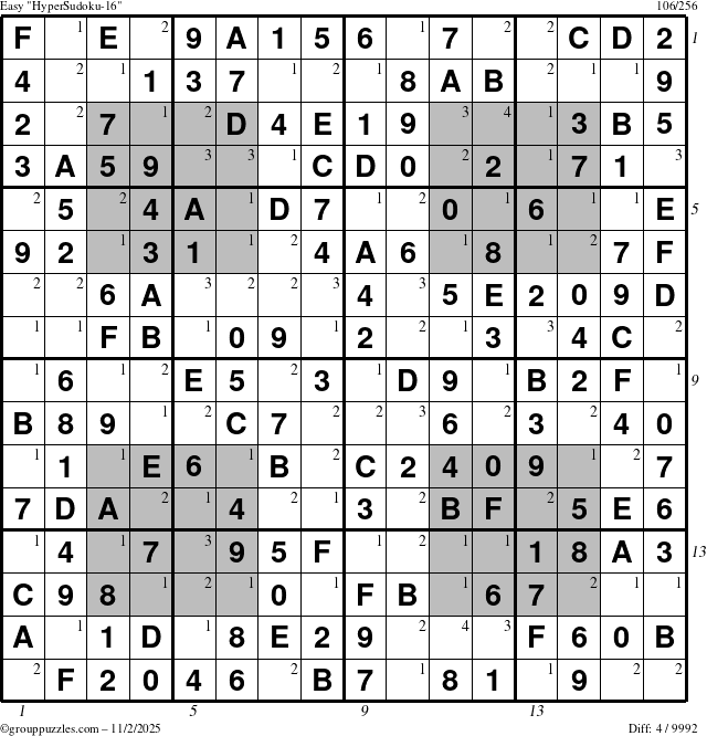 The grouppuzzles.com Easy HyperSudoku-16 puzzle for Sunday November 2, 2025, suitable for printing, with all 4 steps marked