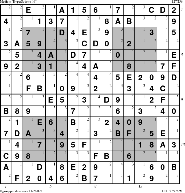 The grouppuzzles.com Medium HyperSudoku-16 puzzle for Sunday November 2, 2025, suitable for printing, with all 5 steps marked