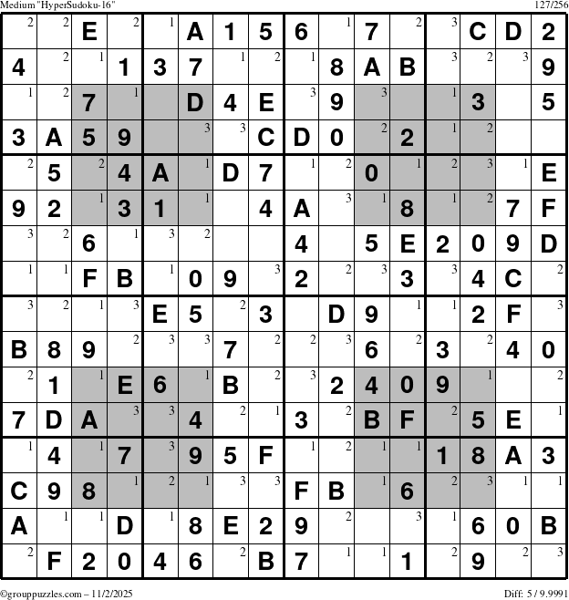 The grouppuzzles.com Medium HyperSudoku-16 puzzle for Sunday November 2, 2025 with the first 3 steps marked