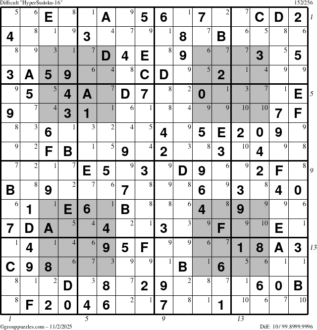 The grouppuzzles.com Difficult HyperSudoku-16 puzzle for Sunday November 2, 2025, suitable for printing, with all 10 steps marked
