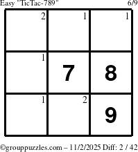 The grouppuzzles.com Easy TicTac-789 puzzle for Sunday November 2, 2025 with the first 2 steps marked