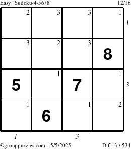 The grouppuzzles.com Easy Sudoku-4-5678 puzzle for Monday May 5, 2025 with all 3 steps marked