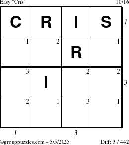 The grouppuzzles.com Easy Cris puzzle for Monday May 5, 2025 with all 3 steps marked